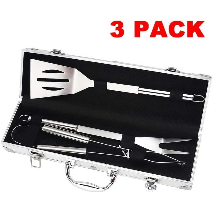Kit BBQ ZWMYF - 3 Ustensiles Inox Avec Sac | Spatule, Pince Et Fourchette | Parfait Pour Jardin, Camping Et Extérieur