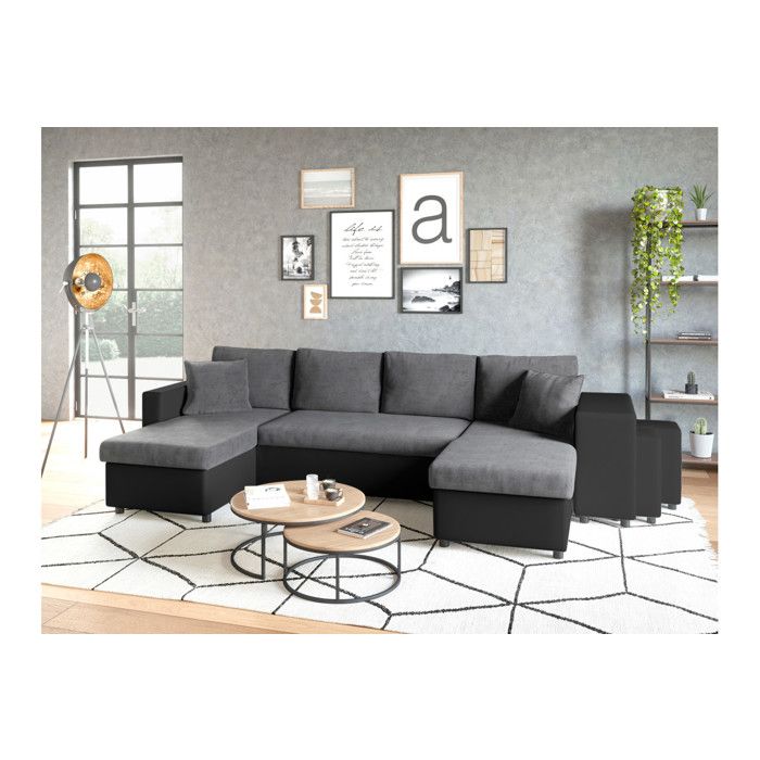 Canapé panoramique OSLO convertible avec coffres poufs à gauche - Simili/Microfibre - Noir/Gris - L311 x P146 x H81cm - LOUNGITUDE