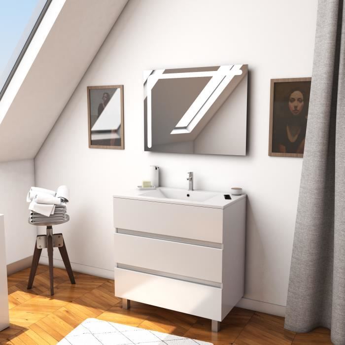 Ensemble Meuble De Salle De Bain Blanc 80cm Sur Pied A 3 Tiroirs Vasque Ceramique Blanche Miroir Led Integree Started Pack 27 Cdiscount Maison