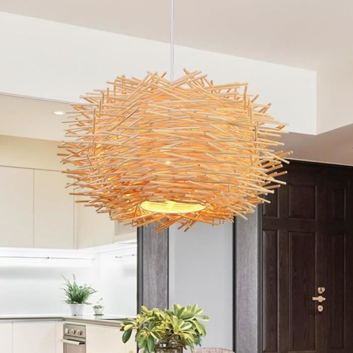 Lustre Suspension En Bambou Tressé CNMKLM - Abat-jour Réglable, Douille E27 (max 60W) - Style Bohème, Ferme - Pour Cuisine îlot, Salle à Manger, Salon