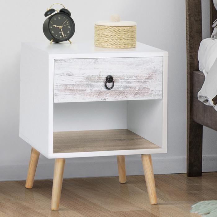 2 Tables De Chevet Scandinaves Bahia - 1 Tiroir + Niche, Style Bois Et Blanc Dépareillé