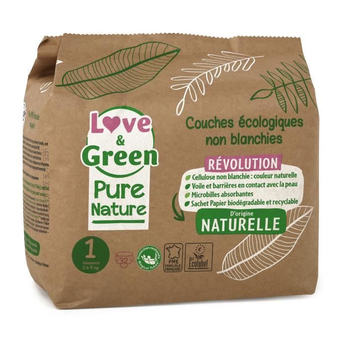 LOVE AND GREEN Couches hypoallergéniques Non blanchies Pure Nature - Certifiées Ecolabel T1 x 32 (2 à 5 kilos)