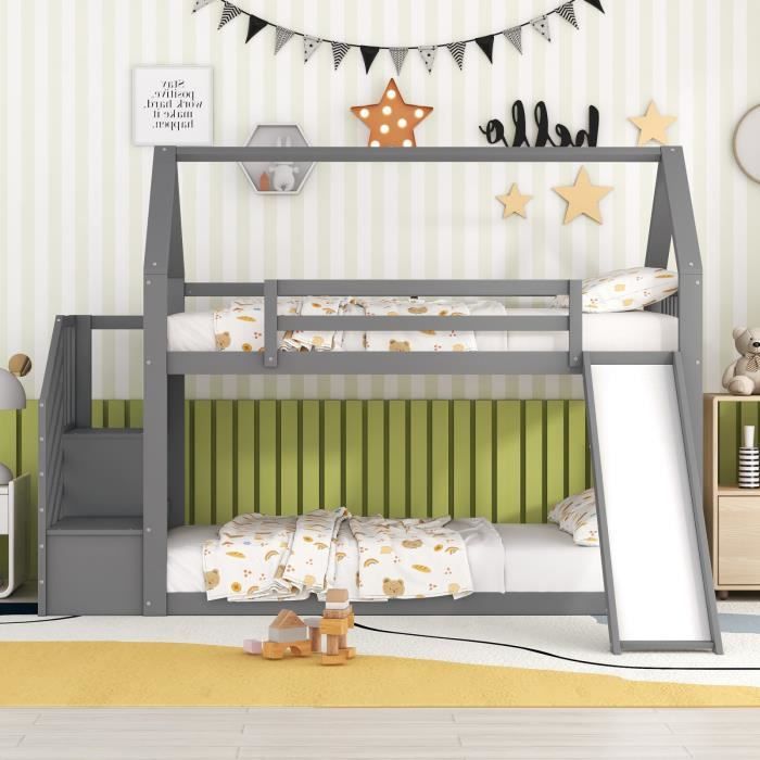 Lit Superposé Enfant 90x200 Cm Avec Toboggan Et Escalier Rangement - Cabane En Pin Et MDF