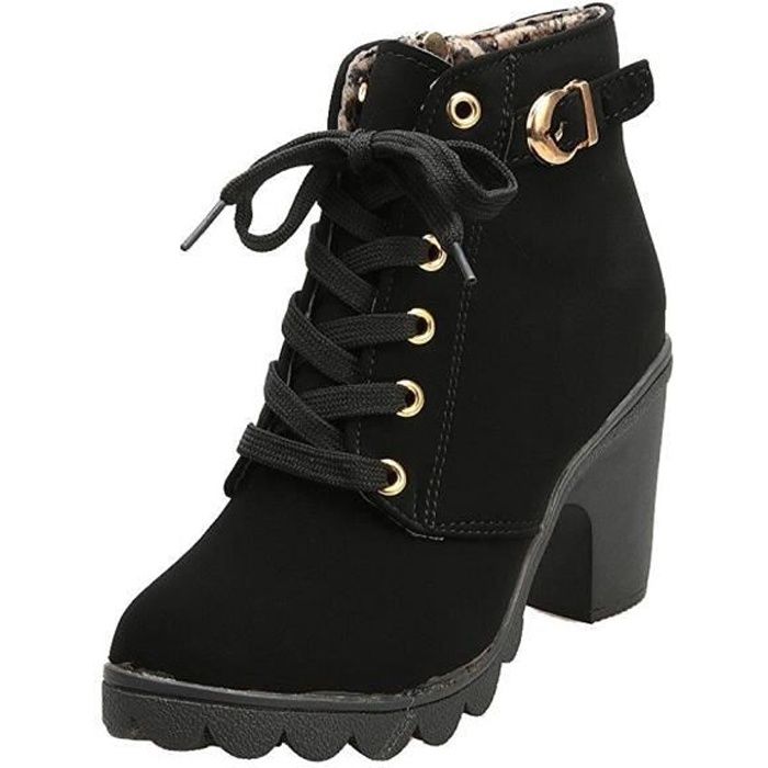 Minetom Hiver Bottines Mode Femmes Haut Talon Lacets Cheville Bottes Boucle Chaussures Martin Bottes Noir Cdiscount