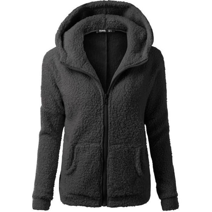 Femme Sweat a Capuche fleece Veste Polaire Zippe Sweatshirt Manteau Hoodies Chaud Automne Hiver blouse Noir