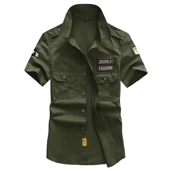 Chemise Militaire Homme Manche Courte en Coton ZEWOW Grande Taille Vert militaire Casual exterieure