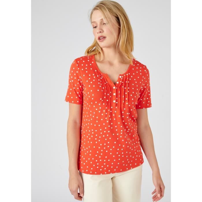 T Shirt DAMART Tee shirt col tunisien pur coton Orange imp. pois Manches courtes Femme Orange imp. pois Cdiscount Pret a Porter