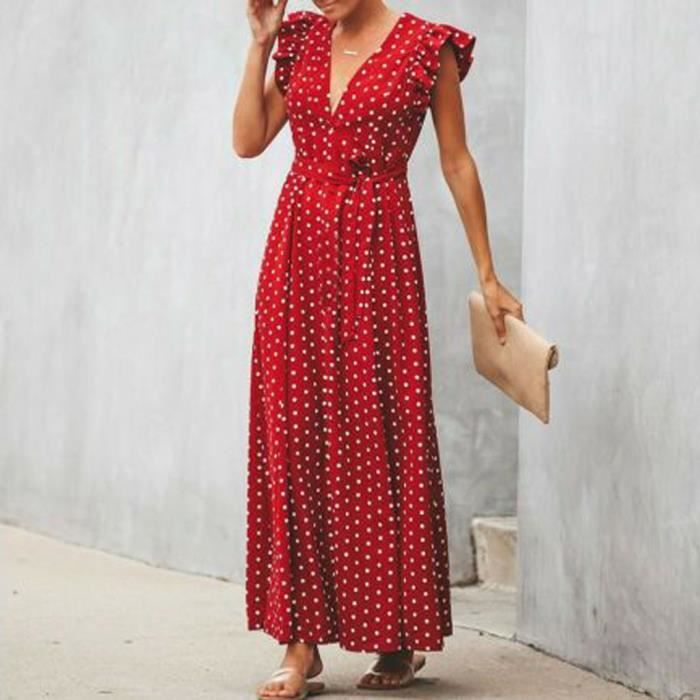 Robe longue rouge a pois
