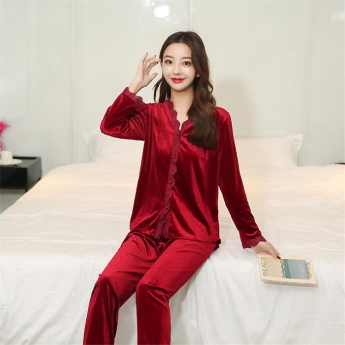 PYJAMA Femme Nouvel automne et hiver Pyjama de costume en velours dore manches longues rouge XY Rouge Cdiscount Pret a Porter
