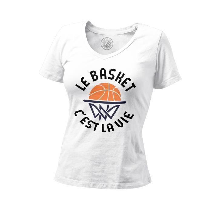 T shirt Femme Col V Le Basket c est la Vie Sport Basketball Ballon Blanc Cdiscount Pret a Porter