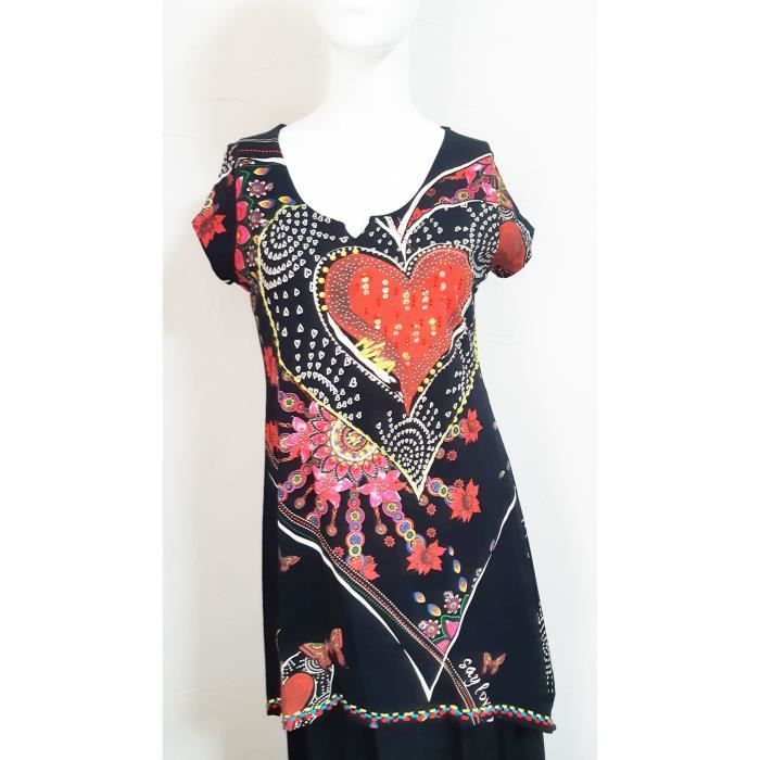ROBE D ETE OU TUNIQUE LONGUE COEUR TAILLE L XL40 42 NOIR Cdiscount Pret a Porter