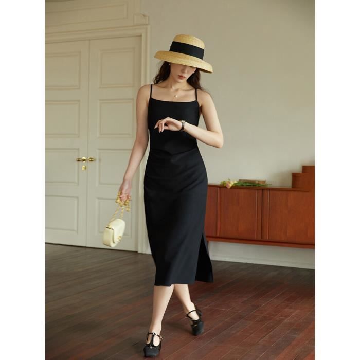 Robe longue noire pour femmes Design fendu Elegante Col carre Sangle reglable Printemps Black D2102 Blanc Cdiscount Pret a Porter