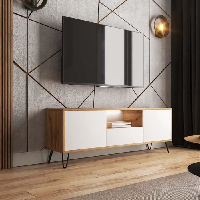 Meuble TV - SELSEY - Ploystea - 137 cm - Chêne Wotan/Blanc - Style Moderne