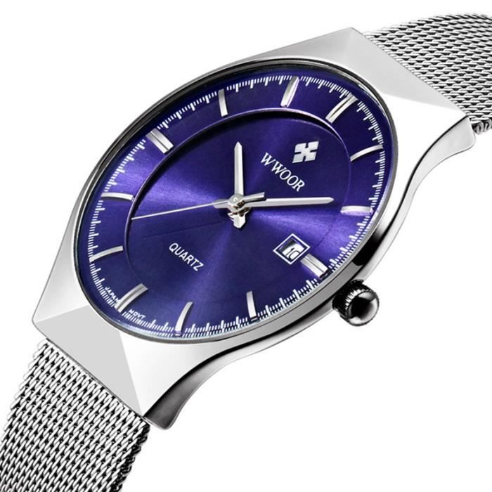 SHARPHY Montre Homme marque de Luxe 2019 bracelet étanche dateur ultra-mince simple bleu