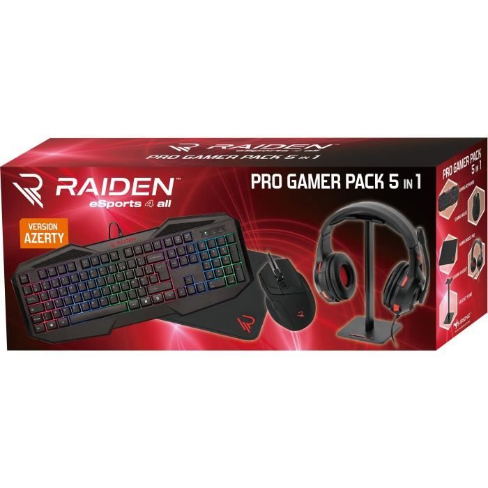 Subsonic Raiden - Pack d'accessoires gaming 5 en 1 pour PC : Clavier AZERTY - Souris - Tapis - Casque et Stand pour casque