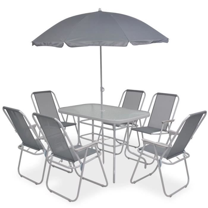 Salon De Jardin Textilene 1 Table Et 6 Chaise Pliable Avec Parasol