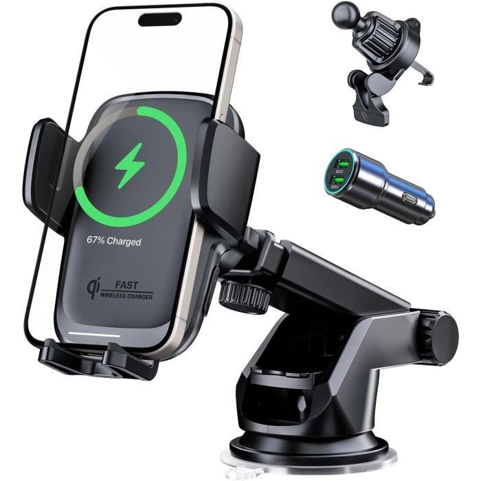 Support Téléphone Auto Serrant 360 Support Téléphone Voiture Avec Chargeur Sans Fil - Induction 15W, Rotatif 360°, Auto-Serrant - Compatible Qi - LYOVEU Accessoire Auto Charge Rapide