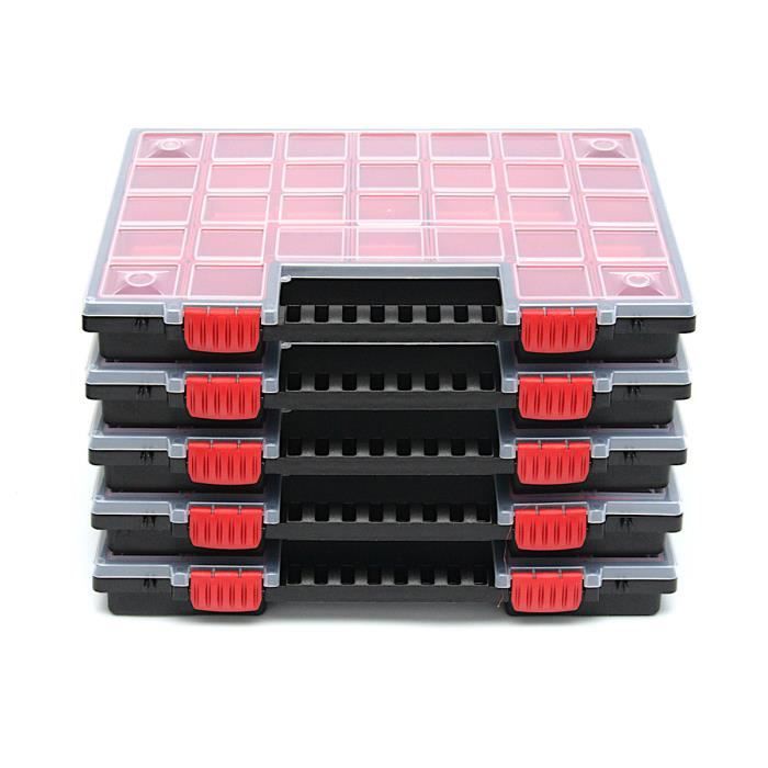Lot de 5 boîtes de rangement avec couvercle et compartiments rouges amovibles, grandes 39,9 x 30,3 x 5 cm