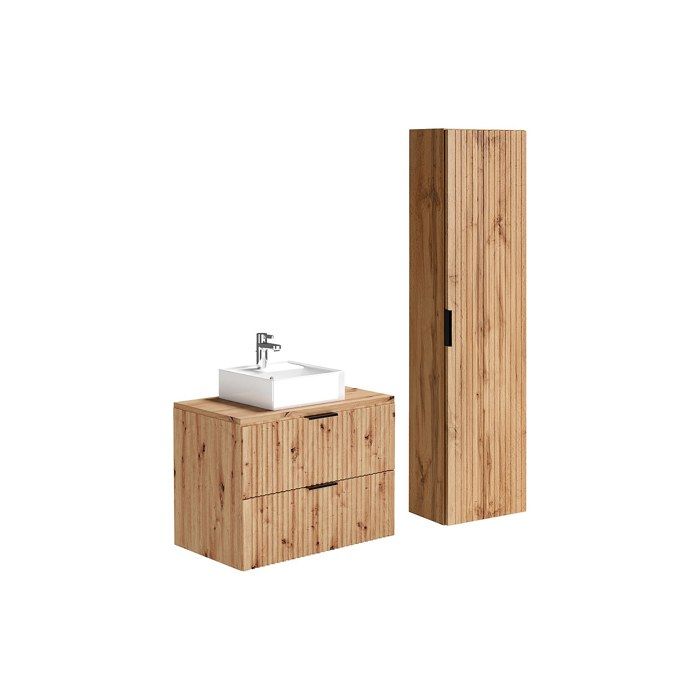 Meuble de salle de bain suspendu strié avec vasque à poser et colonne - Naturel clair - 80 cm - ZEVARA