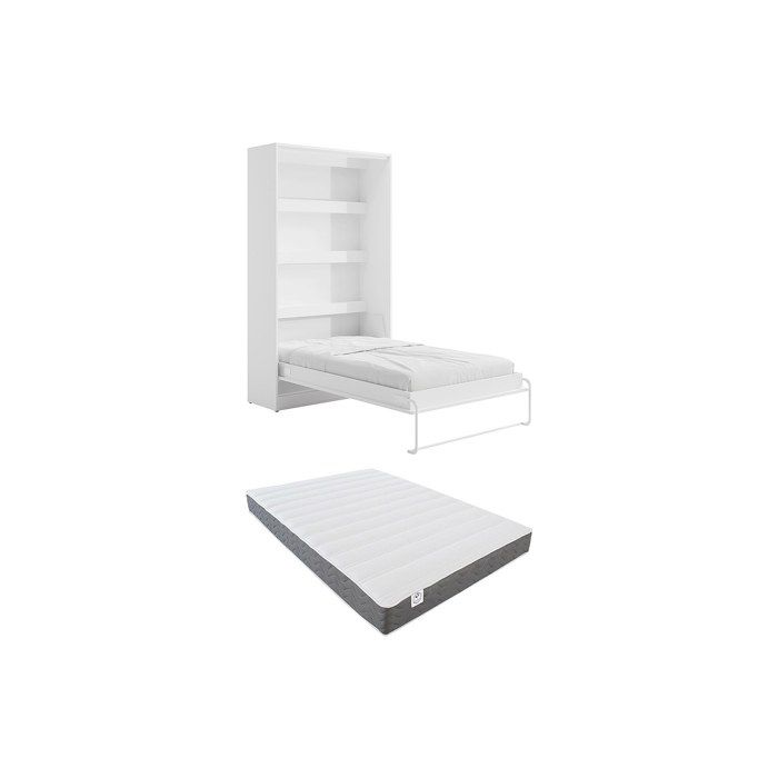Lit escamotable 120 x 200 cm - Ouverture verticale manuelle - Blanc + Matelas - RAPILI Lit escamotable 120 x 200 cm - Ouverture verticale manuelle - Blanc + Matelas - RAPILI