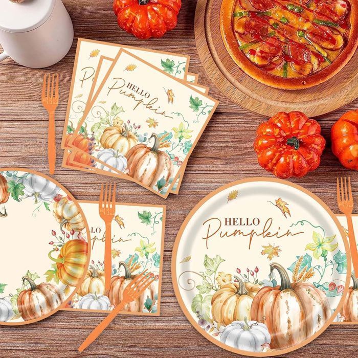Articles Jetables Pour Thanksgiving - Assiettes, Gobelets, Serviettes, Nappes, Drapeaux Et Couverts Citrouille - Pour 20 Personnes - Maison