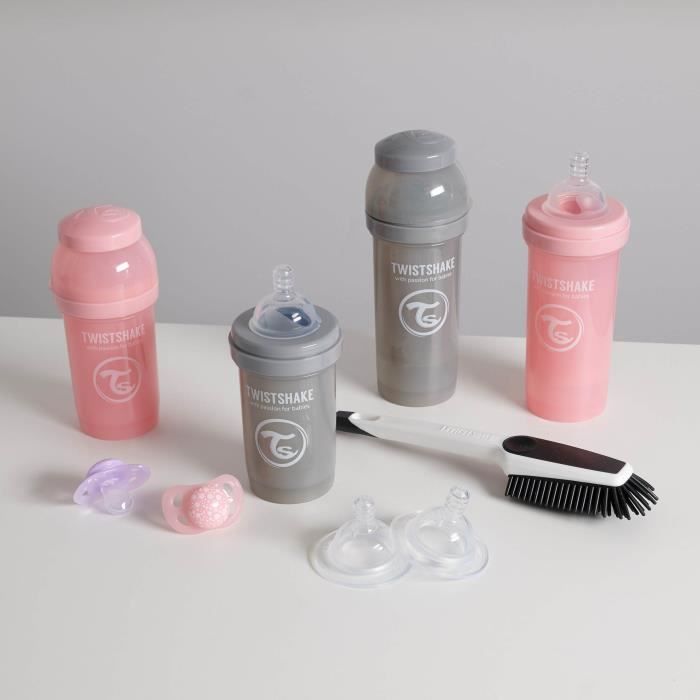 Tétine Silicone Débit Lent Biberons Anti-Coliques Twistshake 2x 180ml - Avec Récipient Lait Et Mélangeur - Tétine Silicone Lent - Rose Biberon Twistshake 180ml