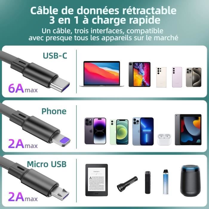 Câble Chargeur Multi Embout, (6A 1M) Cordon de Charge Rapide ...