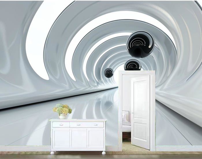 Papier Peint 3D Panoramique Moderne Blanc Noir Tunnel Optique Illusion ...