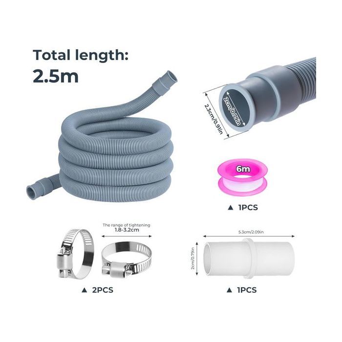 Tuyau De Vidange Pour Machine à Laver – 2,5 M, Compatible 4 Tailles, Gris, Polypropylène !