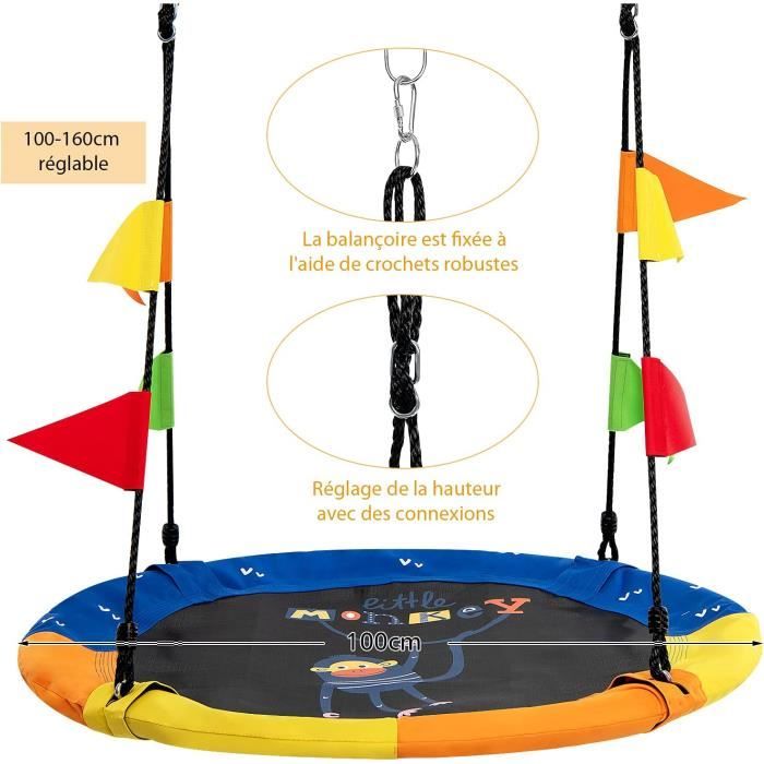 Balançoire Enfant Planche Souple En EVA – Longueur Réglable 1,2 à 2 M – Charge Max 150 Kg – Pour Jardin, Parc Et école – Cadeau Idéal 3-12 Ans