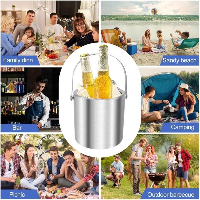 Seau à Glace 2L Acier Inoxydable Double Isolation - Avec Passoire Et Pince, Pour Cocktails Et Fêtes