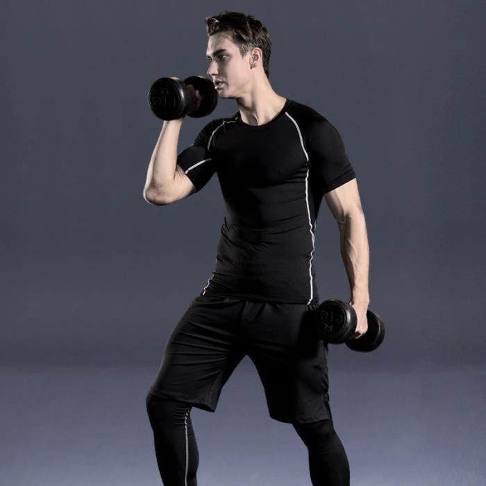 Ensemble de Compression Fitness Homme - Noir - Hauts à Manches Longues -  Séchage Rapide