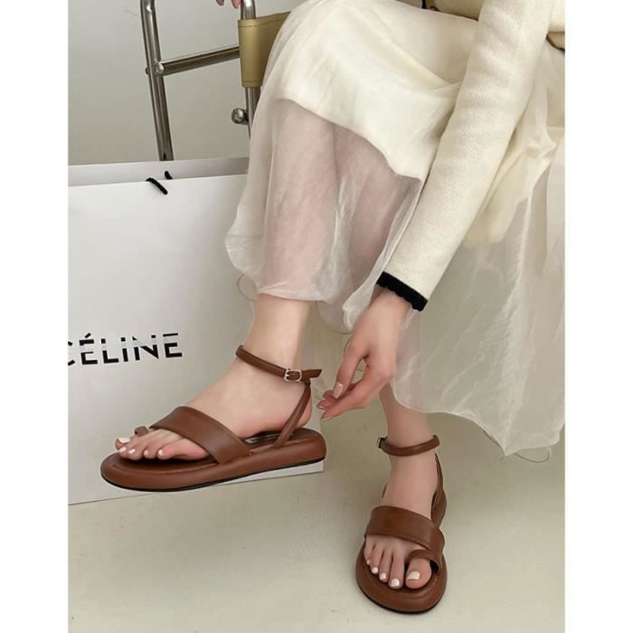 Fashion Sandales plat femme ete Marron pas cher Chaussures de ville confortable fille Sandale de plage boheme chaussure de travail Marron Cdiscount Chaussures