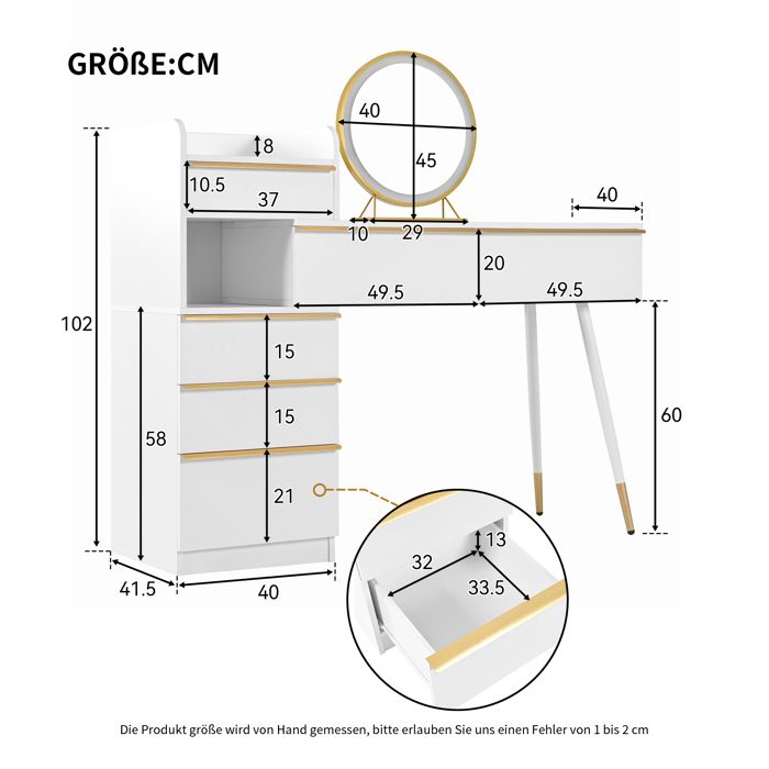Coiffeuse 105×152×40 cm miroir LED réglable, 6 tiroirs & 4 portes, prises USB/Type-C, panneau de particules blanc - Maison Coiffeuse 105×152×40 cm miroir LED réglable, 6 tiroirs & 4 portes, prises USB/Type-C, panneau de particules blanc - Maison