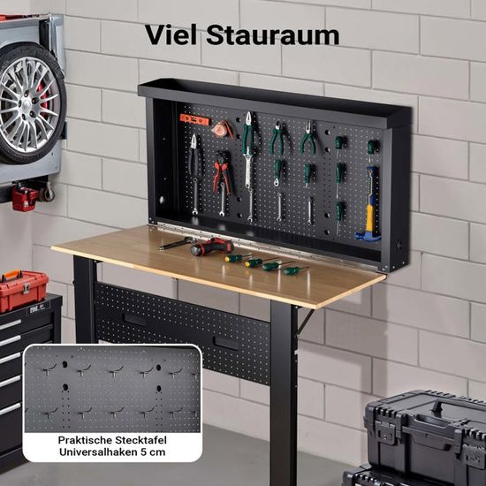 Wiltec Établi Mural Pliant Sur Pieds – 1205 X 265 X 950 Mm – 200 Kg Max. – En Acier Et Bois – Avec Panneau D'accrochage – Banc De Travail Atelier Maison Bricolage