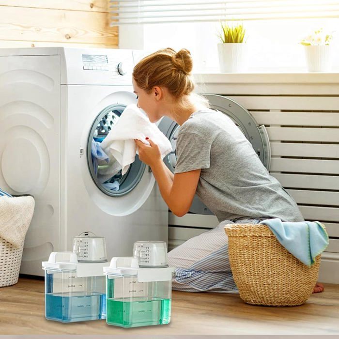 YHNDECO Boîte De Rangement Détergent 2,8 L Hermétique Avec Couvercle Pop-up Et Verre Doseur – Transparent Et Pratique