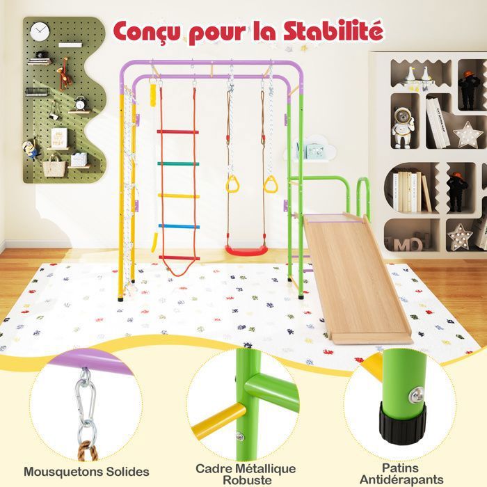 DREAMADE Structure D'escalade 8-en-1 Pour Enfants : Toboggan, Balançoire, Mur D'escalade, Filet, échelle De Corde, Plateforme Et Barre – Jeu Intérieur Multicolore