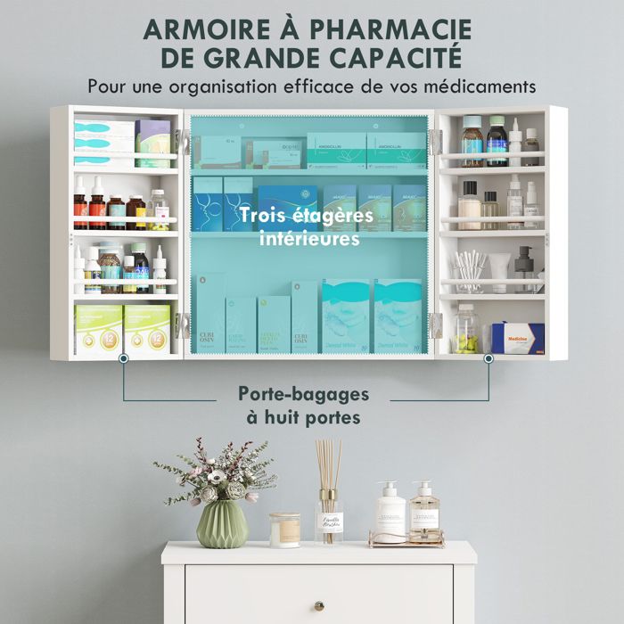 Armoire Murale Salle De Bain 60x20x73cm, 2 Portes, Étagère Réglable, Barre Serviettes,blanc - Armoire de toilette