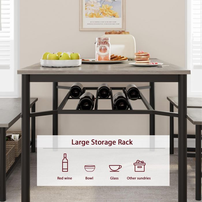 Ensemble Table à Manger avec 2 Bancs pour 4 Personnes avec Casier à Vin