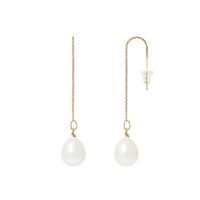 PERLINEA - Boucles d'Oreilles - Véritables Perles de Culture d'Eau Douce Poires 8-9 mm Blanc Naturel - Or Jaune - Bijoux Femme