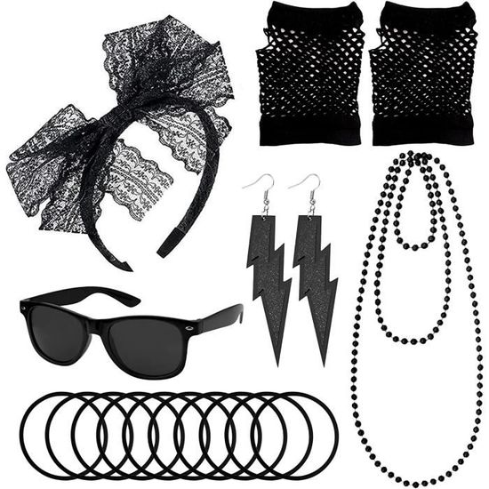 SaiXuan 26 pcs de Déguisement Année 80 Femme, Chemise en Maille, Gilets Fluorescents, Bandeau, Boucles d'Oreilles, Gants en Maille, pour Soirées à Thème et Spectacles sur Scène, Déguisement Fluo (L