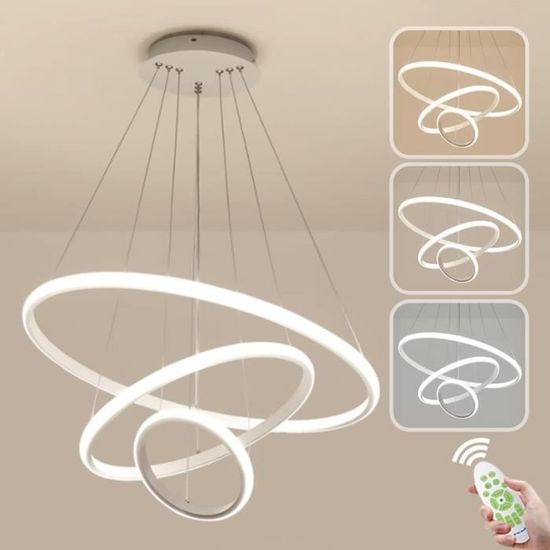 Lustre LED 76W 3 Anneaux Moderne – Télécommande, Gradation 3000-6000K, Hauteur Réglable, Parfait Salon & Salle à Manger