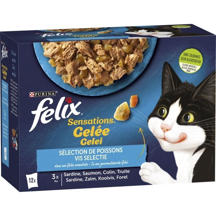 FELIX Sensations en Gelée Poissons : Saumon Truite Sardine Colin - 12 x 85 g - Sachets fraîcheur pour chat adulte FELIX Sensations en Gelée Poissons : Saumon Truite Sardine Colin - 12 x 85 g - Sachets fraîcheur pour chat adulte