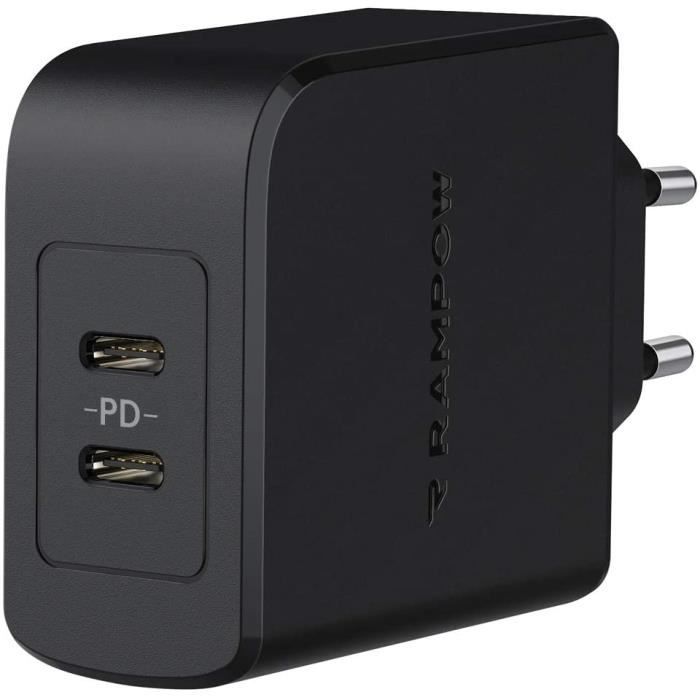 RAMPOW Chargeur USB C 45W Power Delivery 3.0 2 Ports USB Type C Chargeur Secteur Mural pour Airpods Pro, Xiaomi, Oneplus, Huawei442