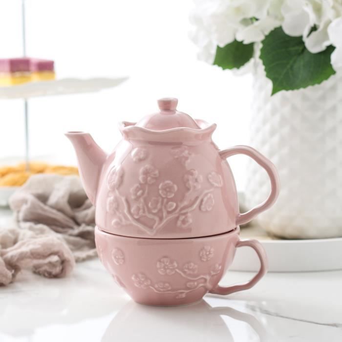 MALACASA, Série Sweet.Time, Théière en Porcelaine Combi-Set avec 1 Théière 1 Tasse 1 Soucoupe Service à Thé Rose