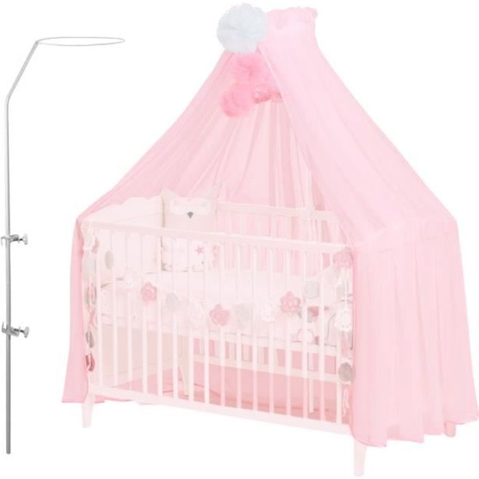Callyna ® - Ciel de lit bébé XXL avec support, voile Rose grande taille. Moustiquaire décorative pour lit bébé. Pompon Rose