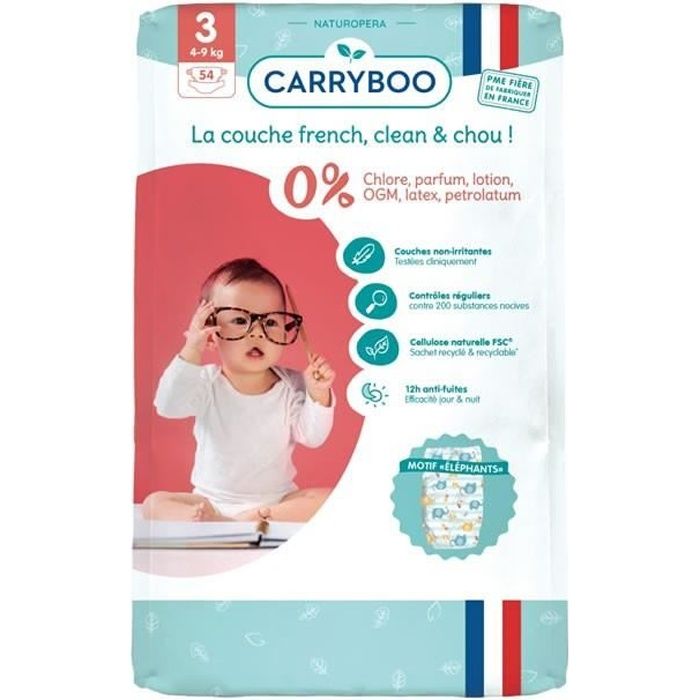 CARRYBOO : Couches écologiques Dermo- sensitives taille 3 (4-9 kg) 54 couches