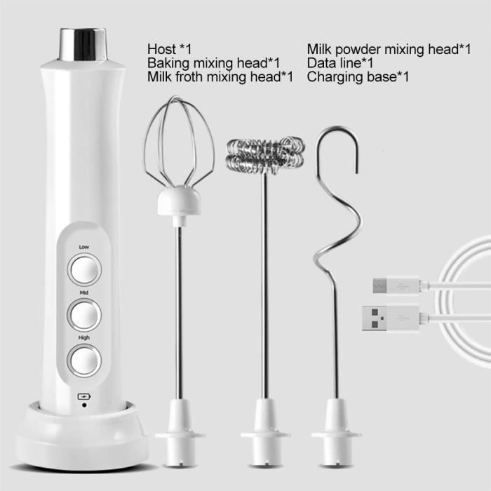 Mixeur plongeant 3 en 1 Multifonction, Avec base de charge 3 régulation de vitesse Pour café, oeuf, lait latte, cappuccino- Blanc