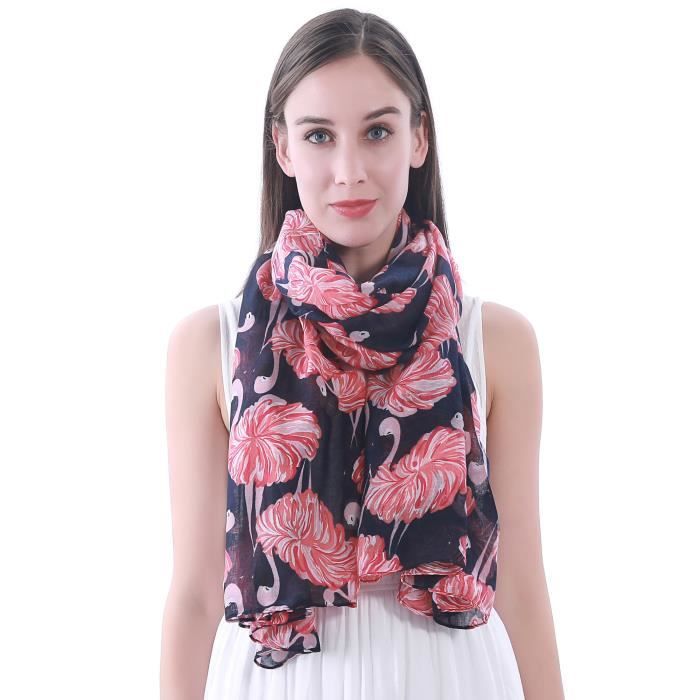 Écharpe foulard châle femme imprimé flamant - bleu marin