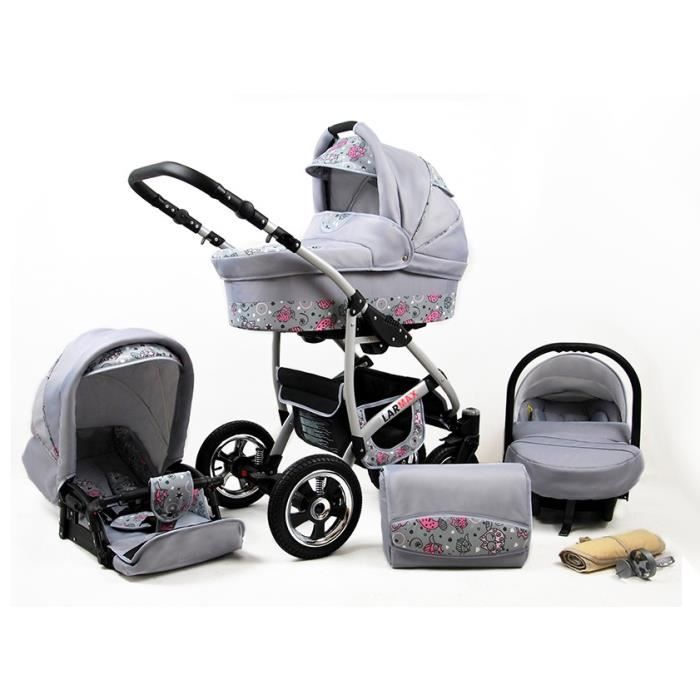Lux4kids Poussette combinée Landau roues pivotantes Poussette Canne Nacelle Accessoires Larmax Pink Owl 3en1 avec siège bébé
